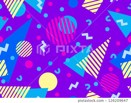 Geometric seamless pattern with memphis elements in 80s style. Colorful pattern with different geometric shapes. Design for packaging, covers, wrapping and promotional products. Vector illustration Geometric seamless pattern with memphis elements in 80s style. Colorful pattern with different geometric shapes. Design for packaging, covers, wrapping and promotional products. Vector illustration 126209647