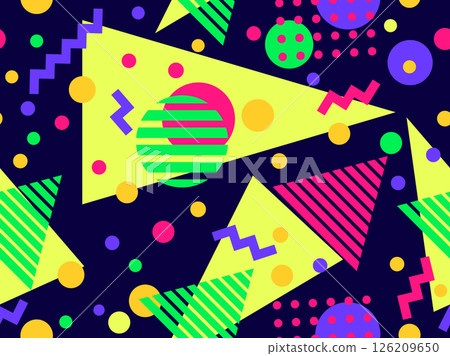 Geometric seamless pattern with memphis elements in 80s style. Colorful pattern with different geometric shapes. Design for packaging, covers, wrapping and promotional products. Vector illustration 126209650