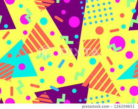 Geometric seamless pattern with memphis elements in 80s style. Colorful pattern with different geometric shapes. Design for packaging, covers, wrapping and promotional products. Vector illustration 126209651
