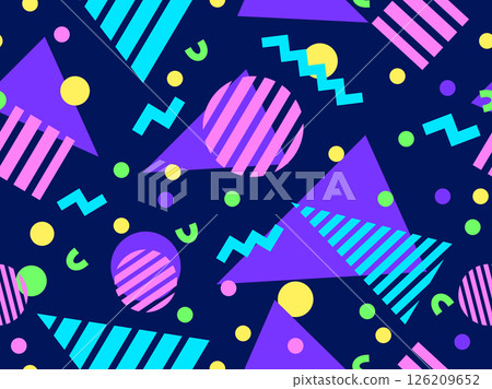Geometric seamless pattern with memphis elements in 80s style. Colorful pattern with different geometric shapes. Design for packaging, covers, wrapping and promotional products. Vector illustration Geometric seamless pattern with memphis elements in 80s style. Colorful pattern with different geometric shapes. Design for packaging, covers, wrapping and promotional products. Vector illustration 126209652