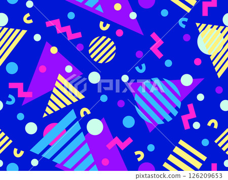 Geometric seamless pattern with memphis elements in 80s style. Colorful pattern with different geometric shapes. Design for packaging, covers, wrapping and promotional products. Vector illustration Geometric seamless pattern with memphis elements in 80s style. Colorful pattern with different geometric shapes. Design for packaging, covers, wrapping and promotional products. Vector illustration 126209653