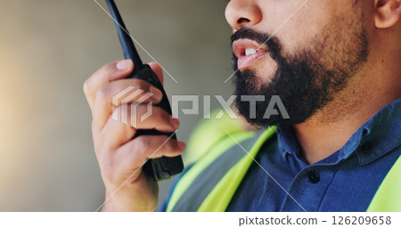 Engineering, radio and man with closeup, communication and instructions for project development. Person, employee and architecture with inspection, conversation and advice for real estate and safety Engineering, radio and man with closeup, communication and instructions for project development. Person, employee and architecture with inspection, conversation and advice for real estate and safety 126209658