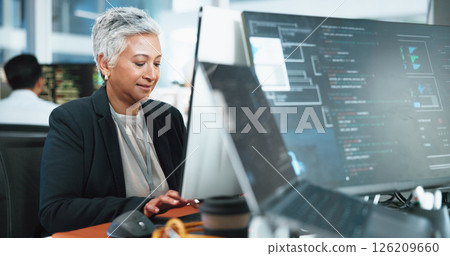 Business, computer screen and woman in office, programming or software update for trading. People, employee or coder in workplace, expert or specialist with cyber security, connection or website info Business, computer screen and woman in office, programming or software update for trading. People, employee or coder in workplace, expert or specialist with cyber security, connection or website info 126209660
