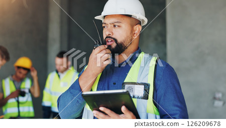 Building, radio and tablet with developer man on site for civil engineering or development. App, blueprint and communication with construction worker person on worksite for project management 126209678