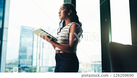 Office, businesswoman and journalist with tablet for thinking, news story and notification for blog post. Below, female person and editor with digital for publication, article information and ideas 126209690