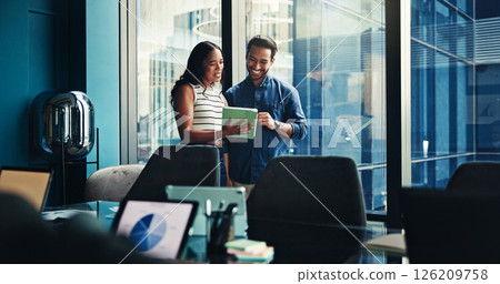 Discussion, colleagues and people with tablet, office and smile for marketing strategy or online. Business, man and woman with tech for campaign, team and happy for info on website and collaboration 126209758