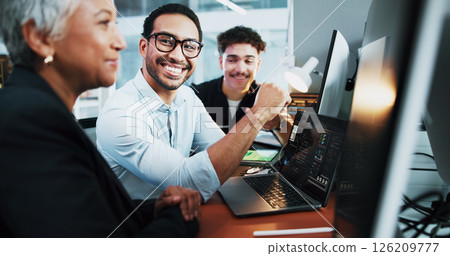 Office, teamwork and business people with laptop for coding, programming and conversation at night. Coworking, employees and programmers with tech for software update, web development and deadline 126209777