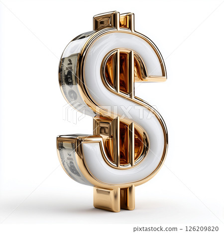 A luxurious dollar sign 3D icon in gold and silver. On a white background. A dollar sign image ideal for finance, investment and asset management 126209820