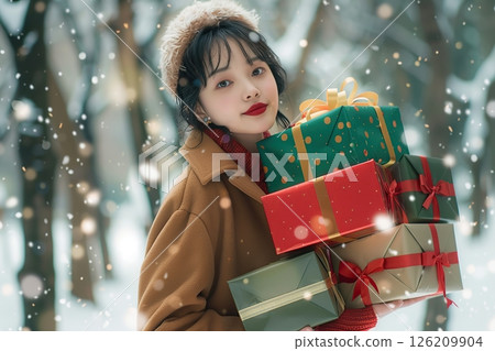 Cheerful young woman in a warm coat holding heap of Christmas presents in hands outdoors. Snowy winter day. Festive mood. Female keeps stack of gift boxes. Shopping for holiday. Pile of Gifts Cheerful young woman in a warm coat holding heap of Christmas presents in hands outdoors. Snowy winter day. Festive mood. Female keeps stack of gift boxes. Shopping for holiday. Pile of Gifts 126209904