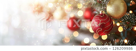 Christmas background. Branches of Christmas tree on white bokeh light. Decorated red gold ornaments Christmas tree wide long banner, free space for text. Xmas, New Year greeting card, winter holiday 126209986
