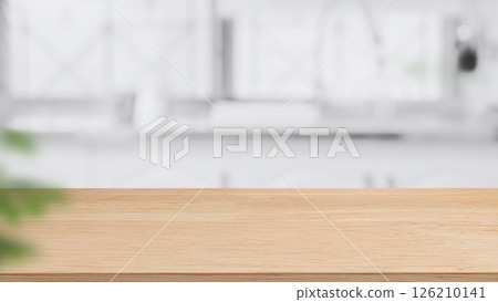 Wood table top on blurred kitchen background. can be used mock up for montage products display or design layout Wood table top on blurred kitchen background. can be used mock up for montage products display or design layout 126210141