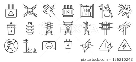 High voltage icon set. It includes electricity, electric, transmission line, tower, insulator and more icons. Editable Vector Stroke. 126210248