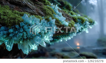 Glowing blue crystals grow from a moss-covered tree branch in a misty, enchanted forest atmosphere 126210278