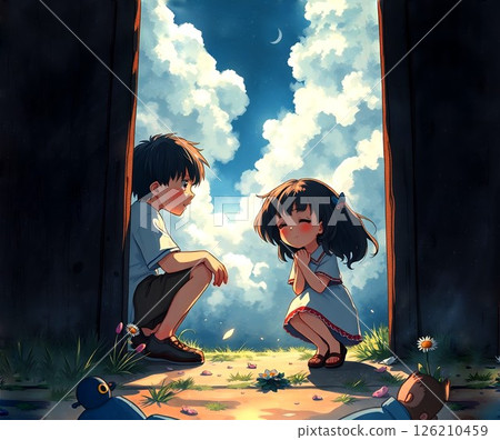 [Memories] Illustration of a young couple talking to each other 126210459