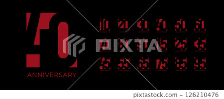 Geometric Red Anniversary Number Set on Black Background Featuring Modern Typography for Milestones from 10 to 95 Years. Ideal for Celebrations, Events, and Branding. Vector Illustration. 126210476