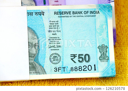 Top view of Indian Currency 50 Rupee Note Bundle 126210578