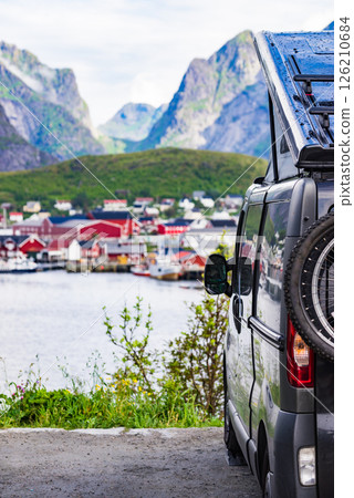 Camper van on fjord, Lofoten Norway Camper van on fjord, Lofoten Norway 126210684