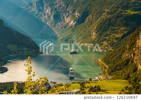 Cruise ship on fjord, Geiranger Norway. Cruise ship on fjord, Geiranger Norway. 126210697