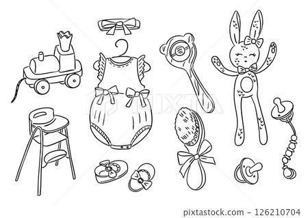 Set of hand drawn baby girl items Set of hand drawn baby girl items 126210704