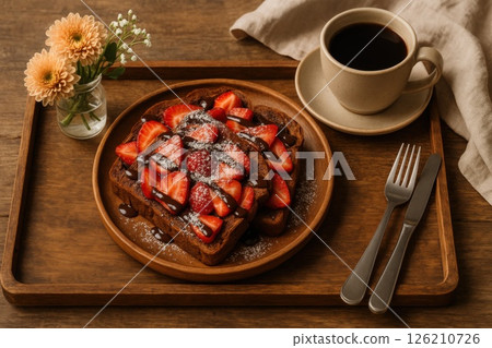French toast with strawberries, chocolate drizzle 126210726