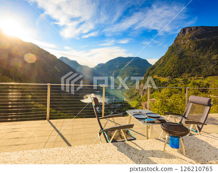 Dinner table with grill on norwegian nature 126210765