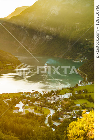 Cruise ship on fjord, Geiranger Norway. 126210766