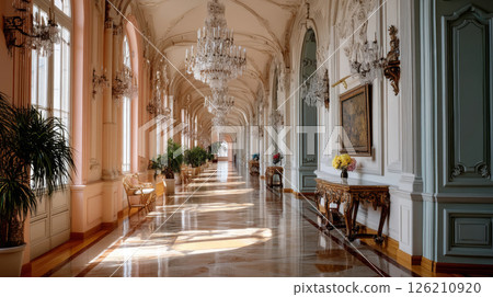 Elegant palace corridor with chandeliers, marble floor, and sunlit classical decor 126210920