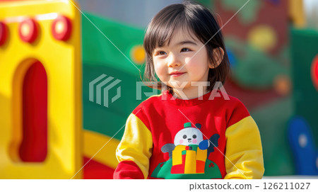 young girl stands colorful playground structure 126211027