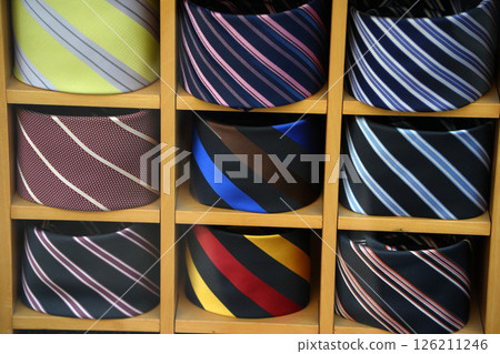 luxury ties made in italy detail in a shop window luxury ties made in italy detail in a shop window 126211246