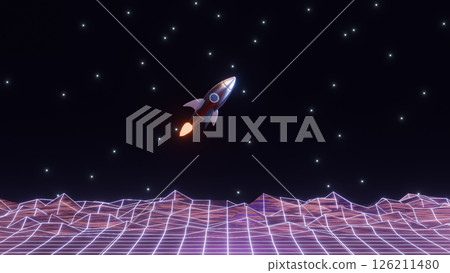 abstract 3d render illustration with cartoon retro rocket in outer space 126211480