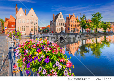 Bruges, Belgium. Spiegelrei canal, water reflection in Brugge, West Flanders 126211566