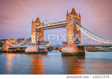 London, United Kingdom. Tower Bridge, River Thames - twilight illuminated scene London, United Kingdom. Tower Bridge, River Thames - twilight illuminated scene 126211574