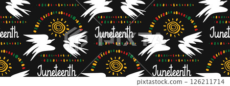 Juneteenth celebration seamless pattern. Abstract ethnic horizontal ornament with birds of freedom and lettering. African color ornament. For greeting card, banner. Vector doodle illustration. 126211714
