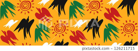 African geometric seamless pattern with hand drawn birds of freedom and sun. Abstract ethnic horizontal background. Juneteenth celebration background. Vector doodle illustration. 126211715