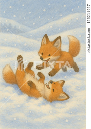 兩隻小狐狸在雪地裡玩耍的繪本風格插圖 126211927