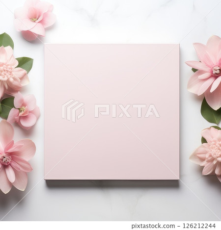 A pink square with flowers and green leaves on a white background. AI-generated content. 126212244