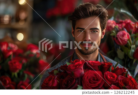 A Young Man is Surrounded by a Breathtaking Arrangement of Fresh Red Roses in a Floral Shop. AI-generated content. 126212245