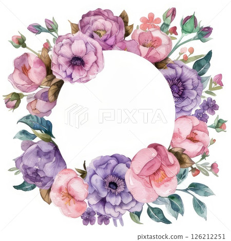 A pink and purple flower wreath with a white circle in the middle. AI-generated content. 126212251