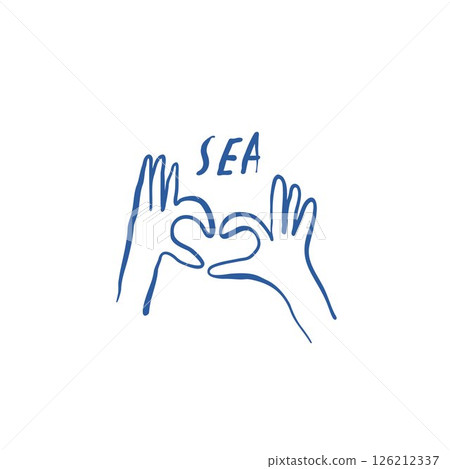 Sea themed love concept with hands forming a heart shape and separate sea lettering on white background Sea themed love concept with hands forming a heart shape and separate sea lettering on white background 126212337