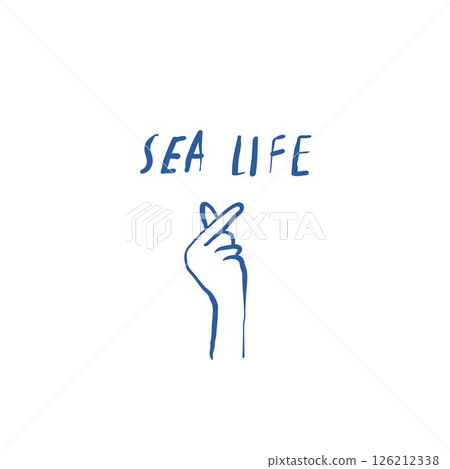 Hand drawn fingers forming a heart shape with separate sea life lettering on white background 126212338