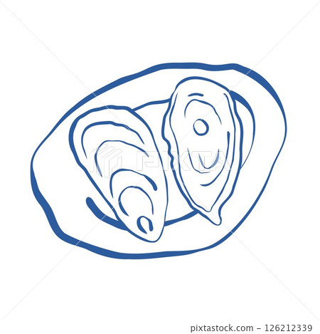 Two oysters on a round plate drawn by hand with uneven lines in minimal sketch style 126212339