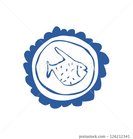 Retro marine illustration of a fish inside a decorative stamp style frame on textured background 126212341