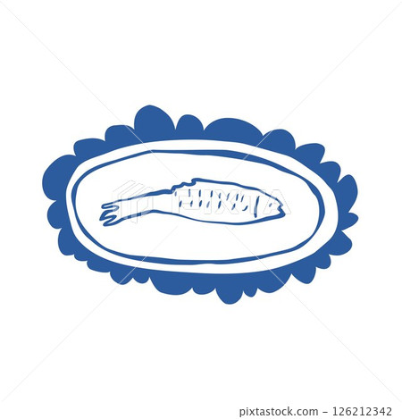 Minimal fish design with hand drawn oval border and textured ink lines on white background Minimal fish design with hand drawn oval border and textured ink lines on white background 126212342