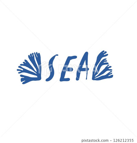 Sea lettering with hand drawn seaweed on both sides in delicate ink lines on white background Sea lettering with hand drawn seaweed on both sides in delicate ink lines on white background 126212355