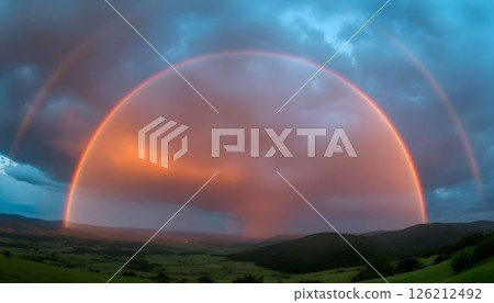 Rare double rainbow above vibrant hills 126212492