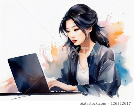 在筆記型電腦上工作的年輕女商人 126212617