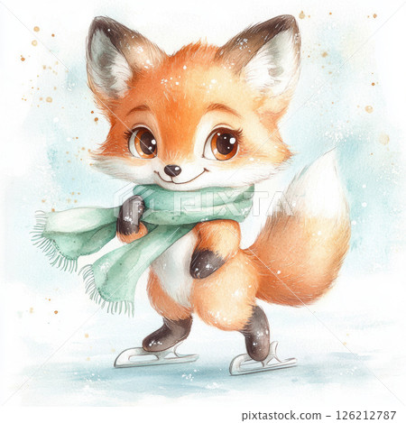 watercolor illustration fox figure ice skates 126212787