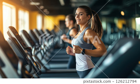 woman treadmill scene light windows tank 126212794