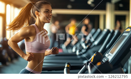 woman treadmill view sports bra leggings 126212795
