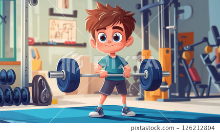 cartoonstyle illustration boy gym setting vibrant cartoonstyle illustration boy gym setting vibrant 126212804